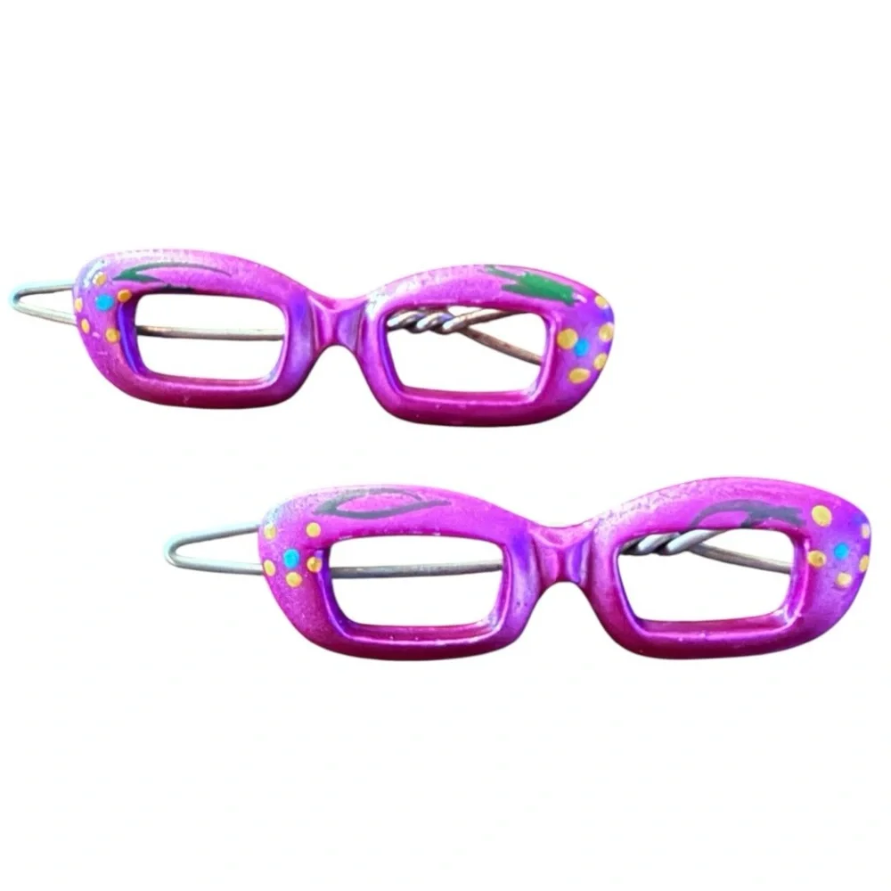 Vintage Cateye Glasses Barrettes Hair Clips, Hand‎ Painted Pink, Deadstock, 2”